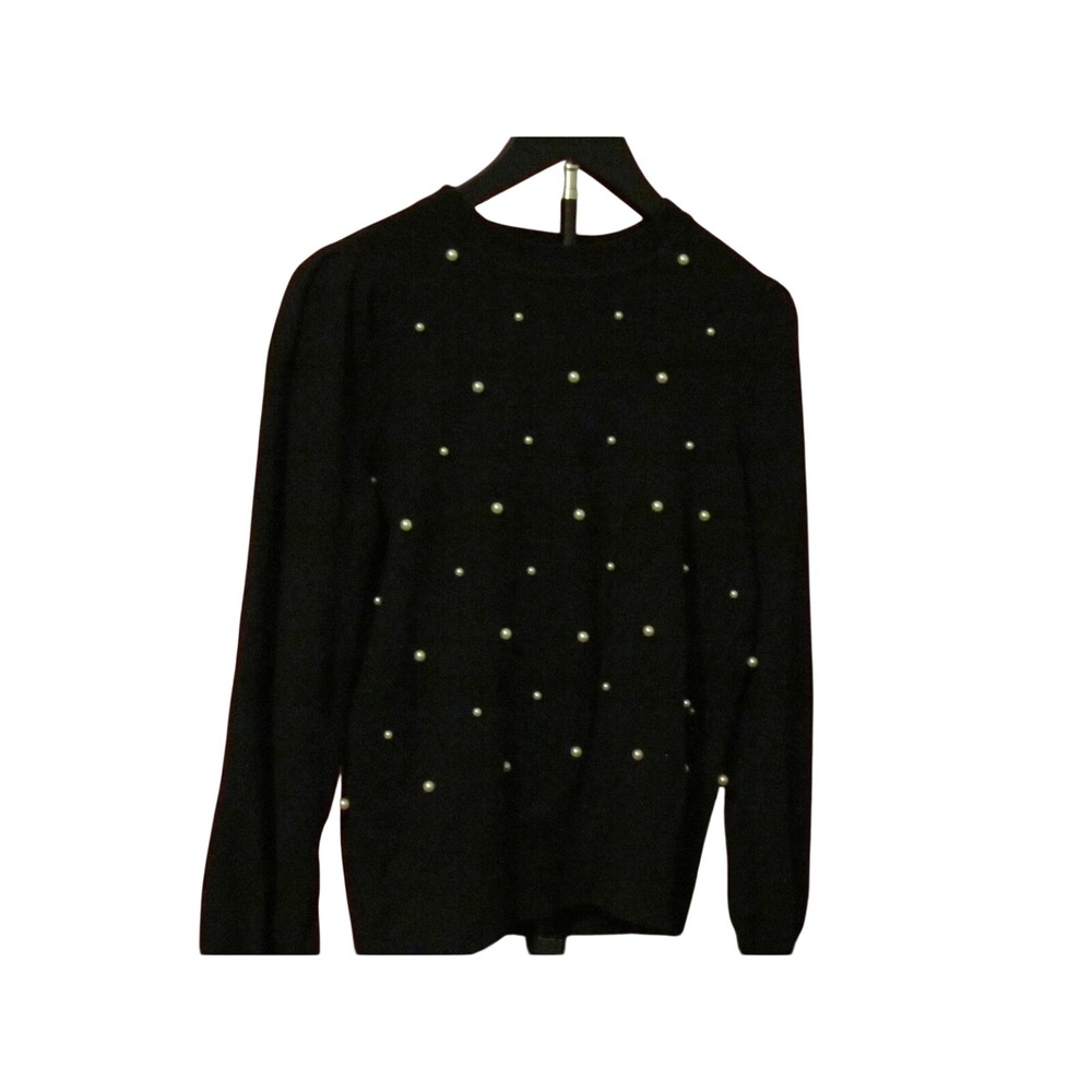 Charter Club Black Faux Pearl Embellished Crewneck Sweater Puff Sleeve Knit Top